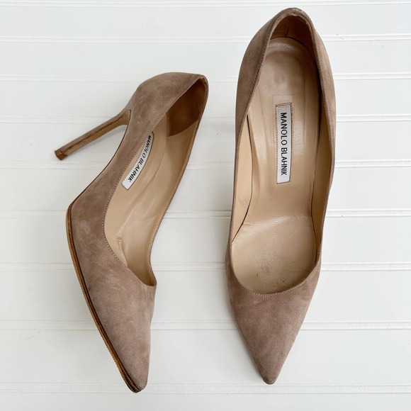 Manolo Blahnik BB Suede Pumps 105 Pointed Toe Taupe Tan Neutral Stiletto - Picture 6 of 13